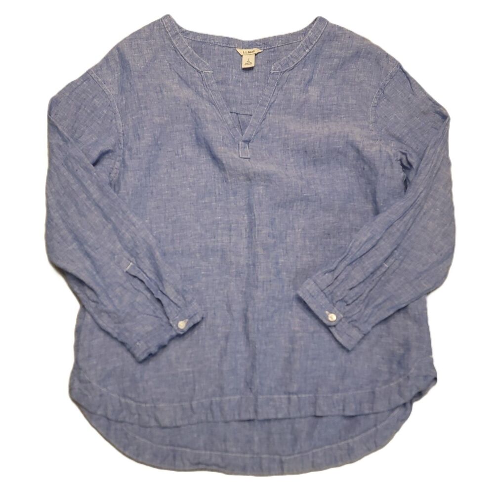 LL Bean Women's S   Linen Tunic Top 3/4 Sleeve Split Neck Blue Chambra Blouse